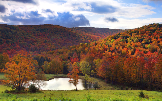Lake trees fall mountains sunset free wallpaper - medium preview image