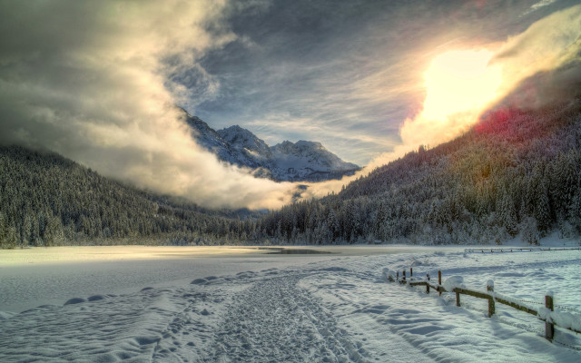 Snowy mountain lake fence reflection free wallpaper - medium preview image