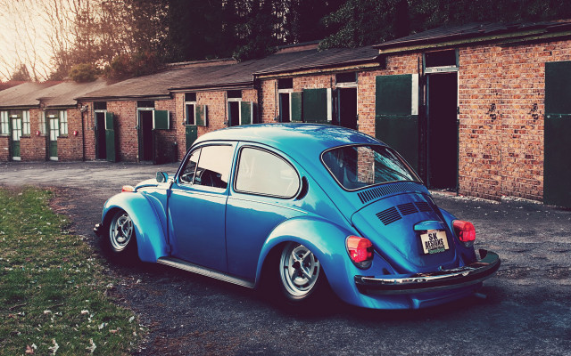 Blue car brick building green free wallpaper - medium preview image