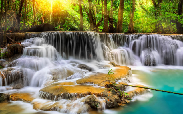 Waterfall blue pool trees sun free wallpaper - medium preview image