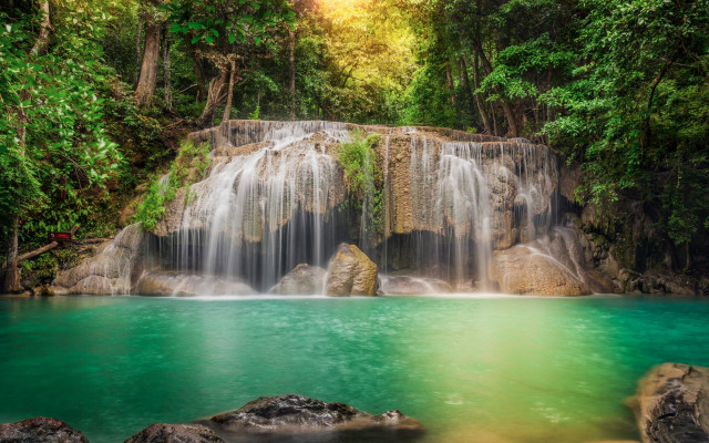 Waterfall forest green water rocks free wallpaper - medium preview image