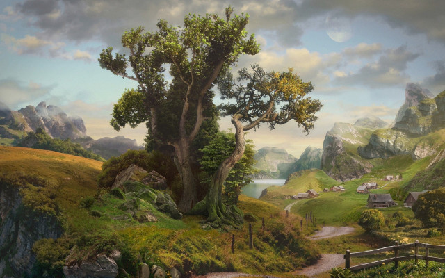 Fantasy mountain lake village tree free wallpaper - medium preview image