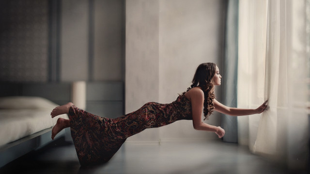 Woman dress window sill surreal free wallpaper - medium preview image