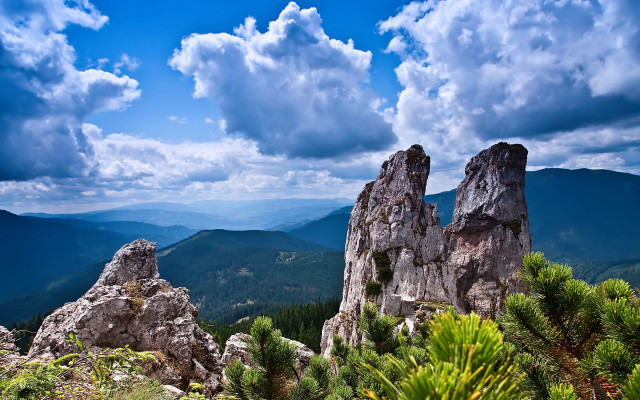 Rocky mountain trees bushes cloudy free wallpaper - medium preview image
