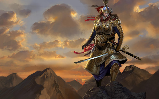 Mountain sunset fantasy armor sword free wallpaper - medium preview image