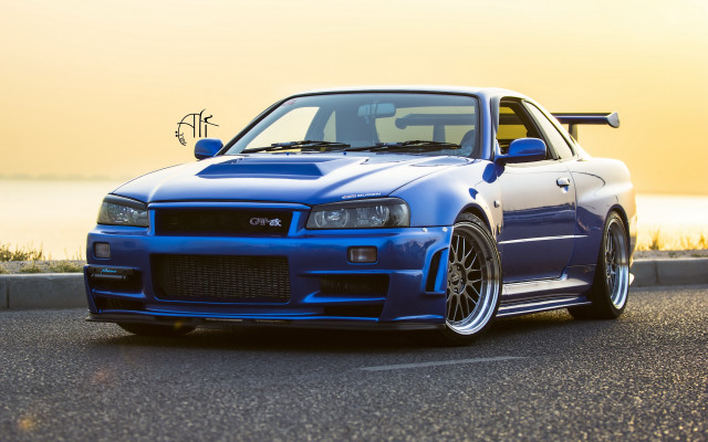Blue car ocean sunset tiltshift free wallpaper - medium preview image