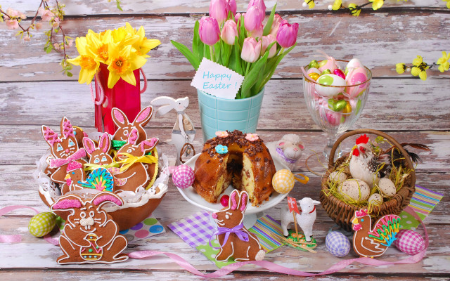 Table basket eggs flowers cookies free wallpaper - medium preview image