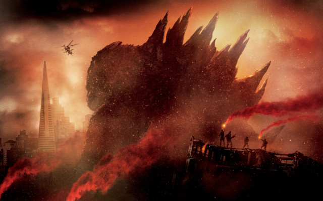 Godzilla helicopter city night red free wallpaper - medium preview image