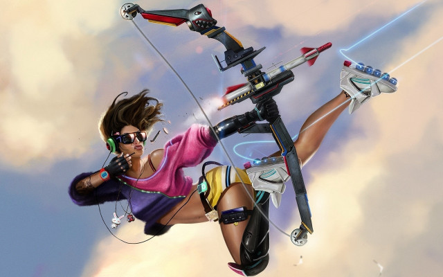 Woman flying kite cyberpunk retrofuturism free wallpaper - medium preview image