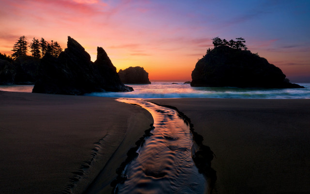 Sunset beach stream trees landscape free wallpaper - medium preview image