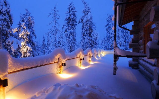 Snowy landscape lights building trees free wallpaper - medium preview image
