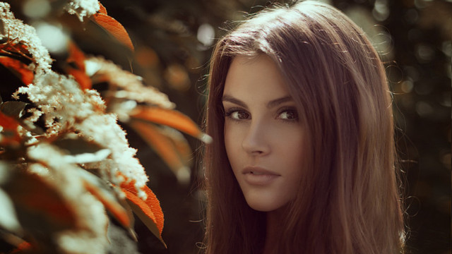 Woman longhair flowerbush serious portrait free wallpaper for desktop - medium preview image
