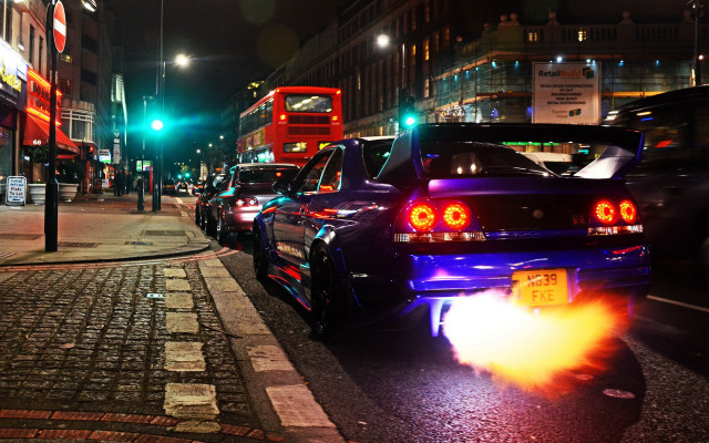 Cyberpunk car lights night traffic free wallpaper - medium preview image