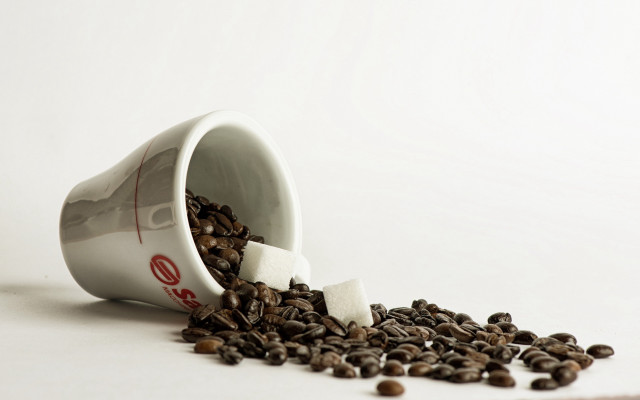 Coffee cup spilling beans hyperrealism free wallpaper - medium preview image