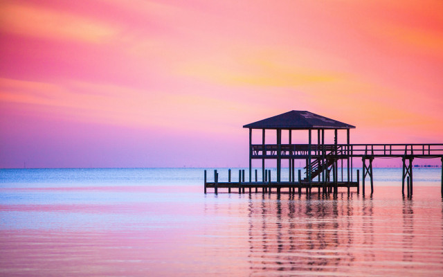 Pier gazebo ocean sunset pastel free wallpaper - medium preview image