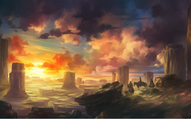 Sunset cliff fantasy matte sky free wallpaper - medium preview image