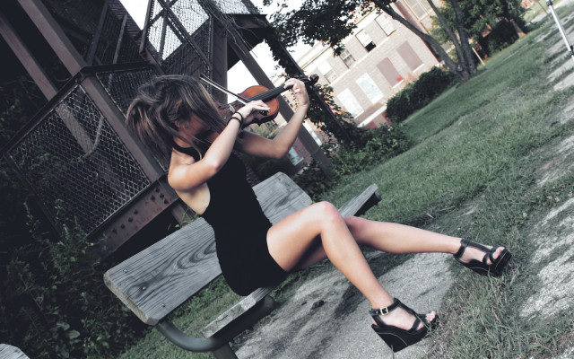 Woman sitting bench cellphone urban free wallpaper - medium preview image