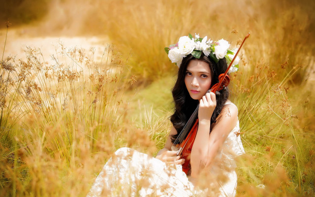 Woman violin flower crown autumn #2 free wallpaper - medium preview image