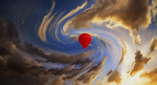 Red balloon cloudy sky birds free wallpaper - medium preview image