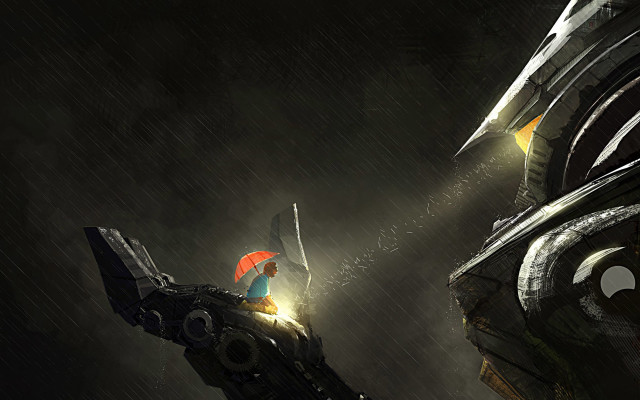 Futuristic robot red umbrella rain free wallpaper - medium preview image