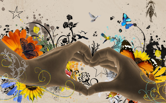 Heart hands flowers butterflies white free wallpaper - medium preview image