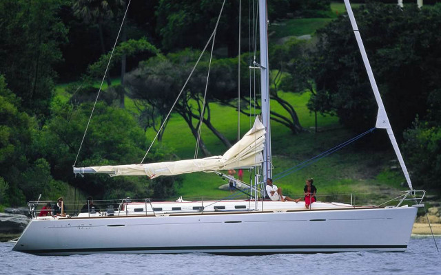 Sailboat water trees hill digital free wallpaper - medium preview image