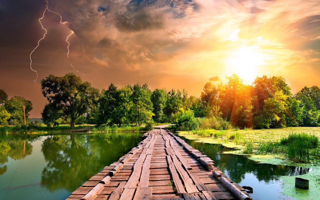 Wooden bridge river lightning sky free wallpaper - medium preview image