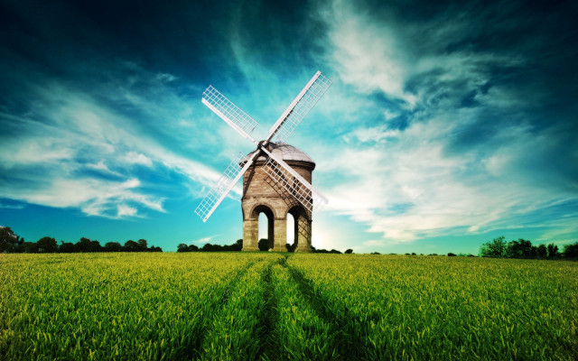 Windmill green field blue sky free wallpaper - medium preview image