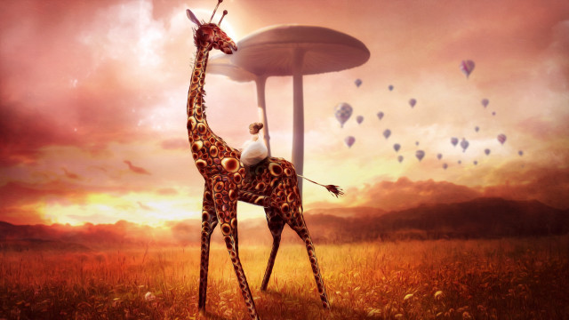Giraffe mushroom field hotairballoons surreal free wallpaper - medium preview image