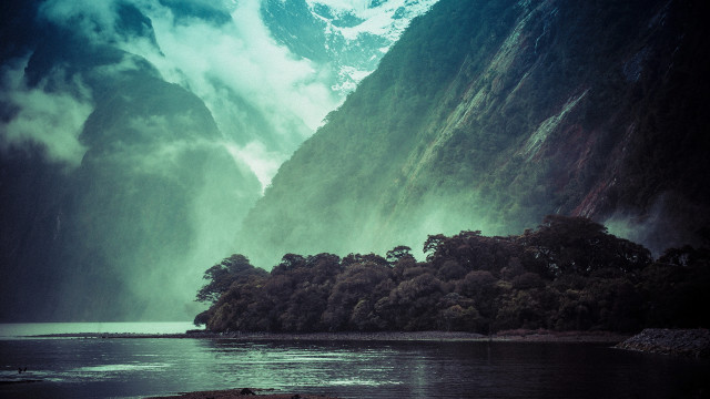 Large waterfall mountain lake boat free wallpaper - medium preview image