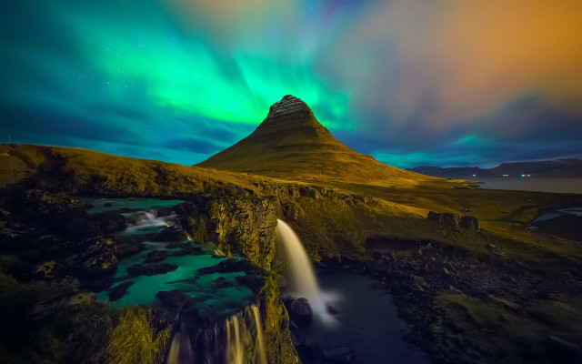 Waterfall green aurora mountains night free wallpaper - medium preview image