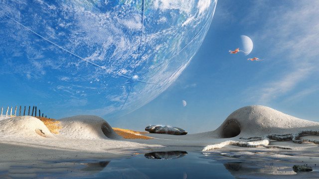 Planet sky fence water ocean free wallpaper - medium preview image