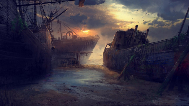 Harbor ship sunset birds matte free wallpaper - medium preview image