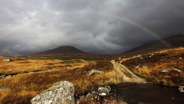 Rainbow over grassy field mountain free wallpaper - medium preview image
