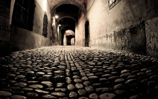 Cobblestone alleyway clock window art free wallpaper - medium preview image