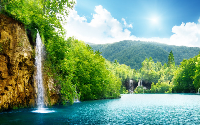 Waterfall lake trees mountains background #3 free wallpaper - medium preview image