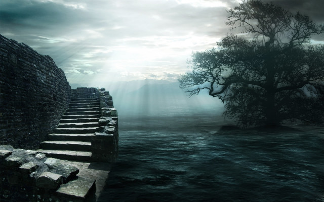 Stone wall tree river dark free wallpaper - medium preview image