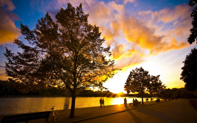 Sunset lake people trees dusk free wallpaper - medium preview image