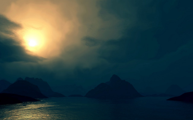 Large water mountains sunset cloudy free wallpaper - medium preview image