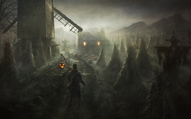 Man forest windmill night lantern free wallpaper - medium preview image
