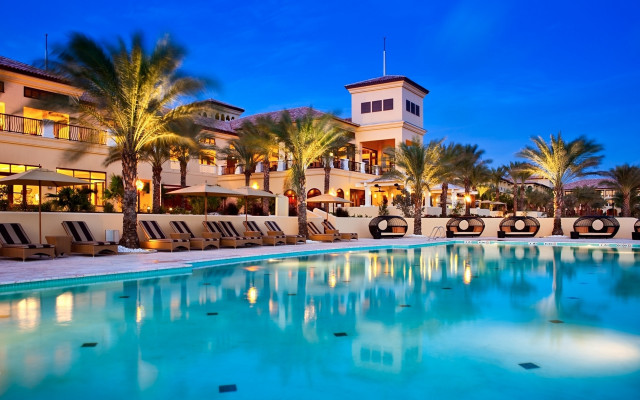 Hotel pool lounge dusk palm free wallpaper - medium preview image