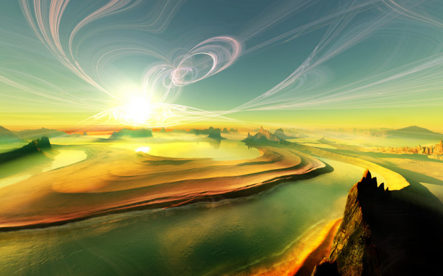Psychedelic landscape river mountains sunset free wallpaper - medium preview image