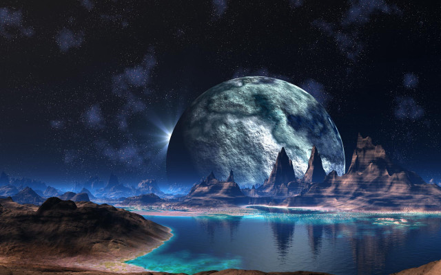Planet mountains lake space art free wallpaper - medium preview image