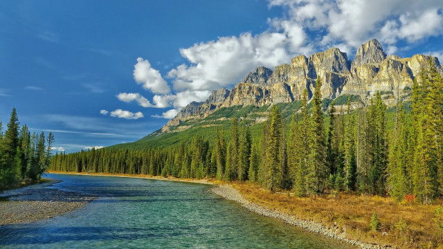 River forest mountains clouds cityscape free wallpaper - medium preview image