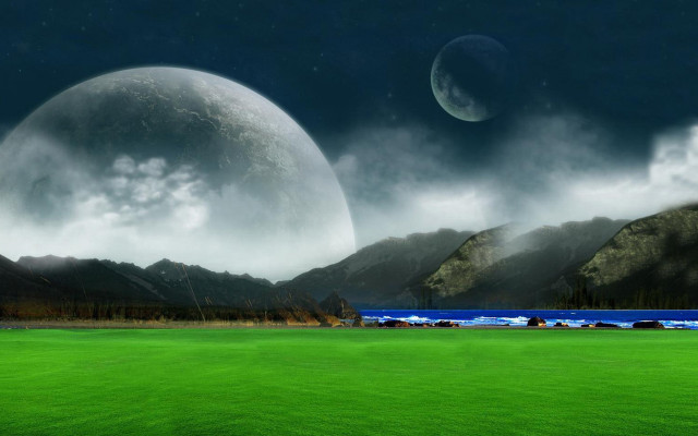 Green mountains lake moon forest free wallpaper - medium preview image
