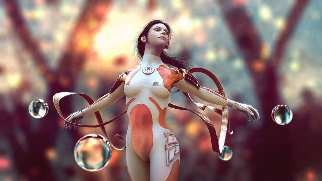Woman bubbles energy orb cyberpunk free wallpaper - medium preview image