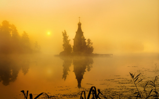 Small island lake church sunset free wallpaper - medium preview image