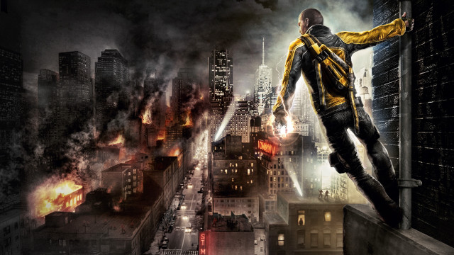 Man yellow jacket cityscape fire free wallpaper - medium preview image