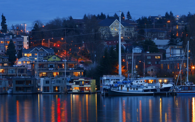 Harbor boats houses night lights free wallpaper - medium preview image