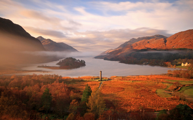 Lake mountains trees foggy sky free wallpaper - medium preview image